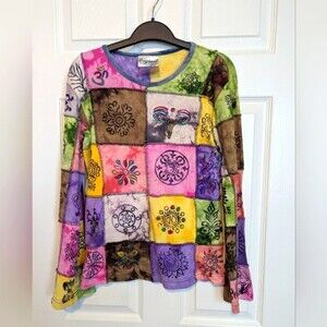 Women's (Size Small) Colorful Boho Hippie Patchwork Long-sleeve Top